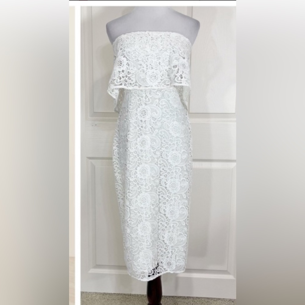 Likely white eyelet strapless dress, worn twice